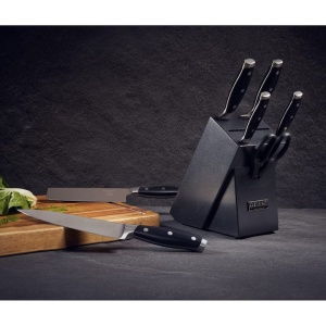 Set 8 piese Cutite pentru bucatarie, Suport Granit, foarfeca, Premium, Otel Inoxidabil German X50 Ultra+, Negru, Resigilat, Grad A - Img 2