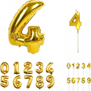 Set aniversar cu balon si lumanare pentru 4 ani REVIBOS, folie/ceara, auriu, 100 cm / 12,5 x 3,5 cm - Img 1