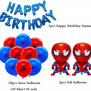 Set aniversar Smileh, model Spider Man, latex/folie, rosu/albastru, 22 bucati, 30 cm / 77 x 46 cm 