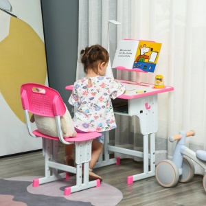 Set birou + scaun ergonomic pentru copii 6-12 ani, PP/MDF/otel, birou 60x45x90-102cm + scaun 40x36x70-74cm, inaltime reglabila, lampa LED 5W, sertar, suport carti, roz - Verificat A · Re-Bloom - Img 2