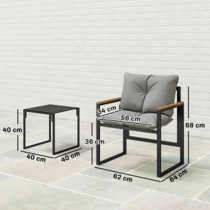 Set bistro 3 piese gradina, masa 40x40x40 cm si 2 scaune 64x62x68 cm, cadru metal antirugina, textilena, perne 10 cm, blat sticla calita, negru si teak - Verificat A · Re-Bloom - Img 3