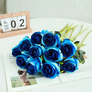 Set de 10 trandafiri artificiali Hawesome, matase/plastic, verde/albastru inchis, 54 cm - Img 8