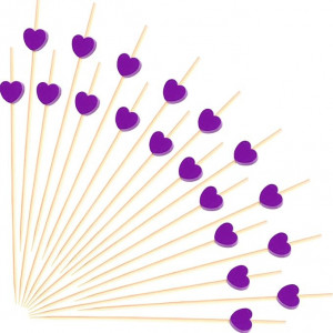Set de 100 scobitori cu inimi, bambus, violet, 12 cm