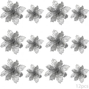 Set de 12 flori artificiale de Craciun TDCQ, textil, argintiu 