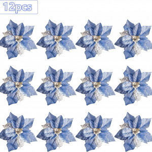Set de 12 flori cu sclipici pentru bradul de Craciun KEPATO, albastru, textil, 22 cm - Img 3