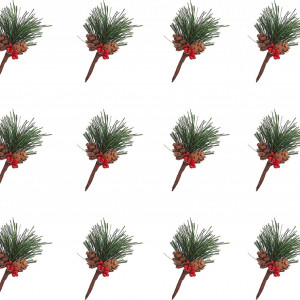 Set de 12 ramuri de pin artificiale de Craciun, plastic, multicolor, 8 cm
