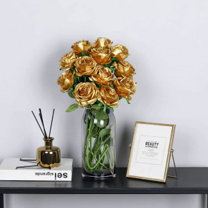 Set de 12 trandafiri artificiali Hawesome, matase/plastic, auriu/verde, 52 x 7 cm - Img 4
