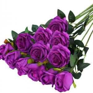 Set de 12 trandafiri artificiali Hawesome, matase/plastic, violet/verde, 52 x 7 cm - Img 1