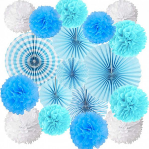 Set de 15 decoratiuni pentru petrecere Jahemu, hartie, albastru/alb, 20 cm / 25 cm / 30 cm / 40 cm - Img 1