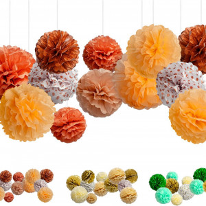 Set de 15 pompoane Balloono, hartie, portocaliu/alb, 20/25/30 cm