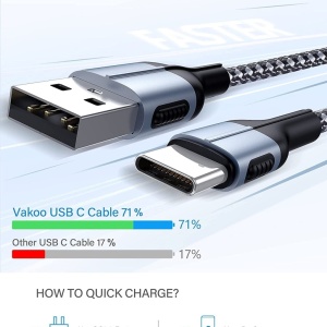 Set de 2 cabluri USB C Vakoo, nailon, gri/negru, 1 m