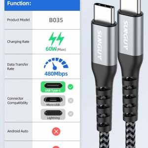 Set de 2 cabluri USB tip C 2.0 SUNGUY, 20V/ 3A, negru/gri, 2 m - Img 8