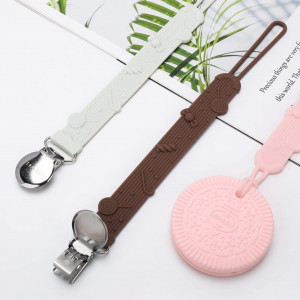 Set de 2 suporturi cu clema pentru suzeta bebelusului Cldy, silicon, roz/alb, 23 cm 