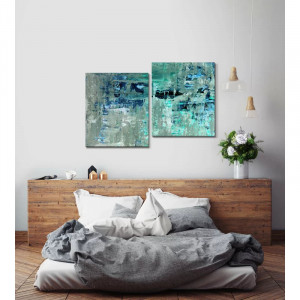 Set de 2 tablouri Sinus, panza/lemn, albastru, 60 x 70 cm