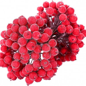 Set de 200 fructe artificiale pentru coronite de Craciun MELLIEX, rosu, spuma/plastic/fier, 16,5 cm