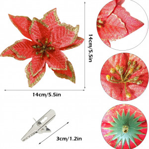 Set de 24 flori artificiale de Craciun si 24 cleme Luccyle, plastic, rosu/auriu, 14 cm 