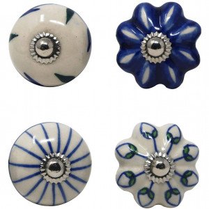 Set de 25 butoane pentru sertare/dulapuri Ajuny, ceramica, albastru/alb, 35 x 40 mm - Img 3