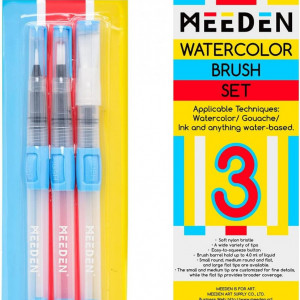 Set de 3 pensule pentru acuarle cu rezervor reincarcabil MEEDEN, polipropilena/PET, transparent/albastru