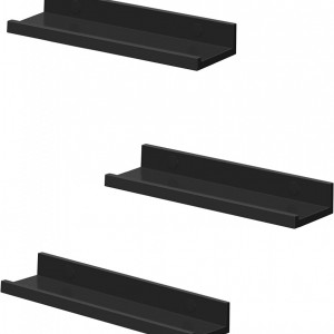 Set de 3 rafturi de perete SONGMICS, lemn, negru, 38 x 10 cm