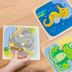 Set de 4 jucarii tip puzzle pentru copii SUNYOK, lemn, multicolor, 15 x 15 cm - Img 5