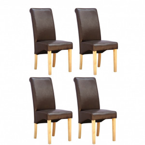 Set de 4 scaune de living Cambridge, piele sintetica maro, picioare lemn natur