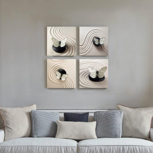 Set de 4 tablouri Sumgar, panza/lemn/metal, gri/negru, 30 x 30 cm - Img 6