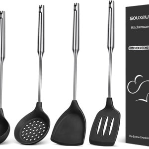 Set de 4 ustensile pentru bucatarie SouxMux, silicon/otel inoxidabil, negru/argintiu