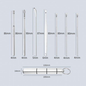 Set de 7 instrumente pentru curatare in urechi Diko, otel inoxidabil, argintiu