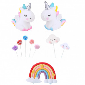 Set de accesorii pentru decor tort Wellxunk, model unicorn, lut/rasina, multicolor, 11 bucati