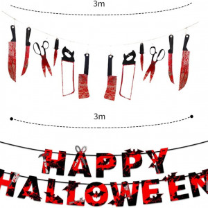 Set de banner cu 19 decoratiuni pentru Halloween Hiloly, hartie/PVC, rosu/negru, 3 m - Img 5