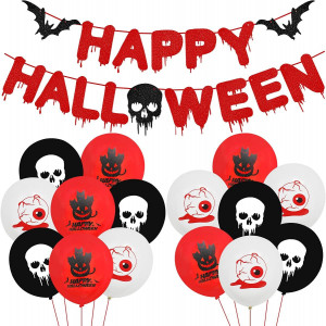 Set de banner si 15 baloane pentru Halloween Tomicy, latex/hartie, rosu/negru/alb - Img 1