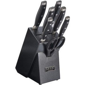 Set de cutite pentru bucatarie, 8 piese, cu suport granit, premium, Otel Inoxidabil german X50 Ultra+, Negru, Resigilat, Grad A