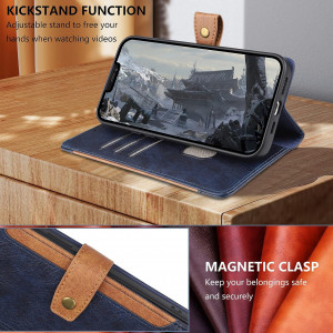 Set de husa cu 2 folii de protectie ecran si 2 pentru camera compatibil cu iPhone 14 Pro Max Gimane, piele PU/sticla securizata, albastru inchis, 6,7 inchi