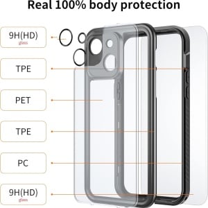 Set de husa de protectiesi folie pentru iPhone 14 Petocase, TPU/sticla securizata, negru, impermeabil, 6,1 inchi