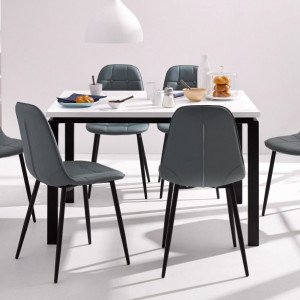 Set de living Sabine/Luna 4 scaune si o masa din lemn/metal/piele sintetica, gri/alb