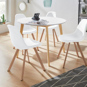 Set de living Veneto / Cody masa + 4 scaune, MDF/tesatura, alb, diamentru 105 cm
