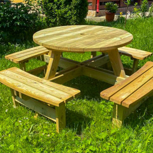 Set de picnic Palleto, 1 masă rotundă și 4 bănci, lemn masiv de pin - Img 2
