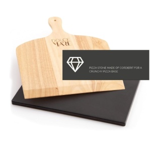 Set de pizza, lopata din lemn 29.5 x 28 cm, piatra de copt 38 x 30 cm neagra, DOLCE MARE