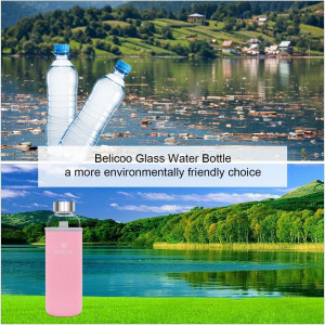 Set de sticla pentru apa cu manson si perie BELICOO, sticla/neopren/nailon, roz, 550 ml 