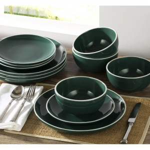 Set de vase Borlow Halo, ceramica, verde inchis/alb, 12 piese