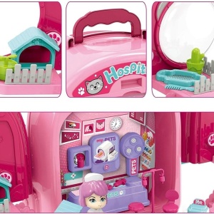 Set ghiozdan jucarie 3 in 1 Rovo 997-2, Spital Pisica, Veterinar, 59 piese - Roz - Img 3