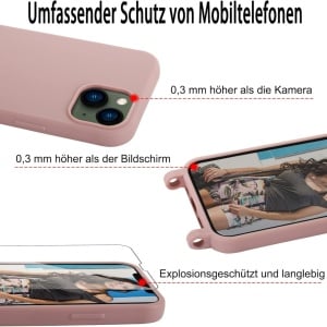 Set husa cu snur si 2 folii de protectie pentru iPhone 13 Gumo, TPU/poliester/sticla securizata, roz/transparent, 6,1 inchi