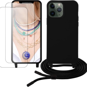 Set husa cu snur si 2 folii de protectie pentru iPhone 13 Pro Gumo-Long, poliester/TPU/sticla, negru/transparent, 6,1 inchi