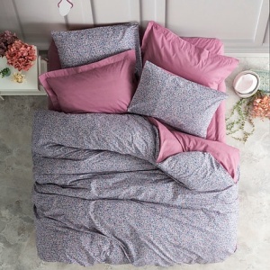 Set husa pilota + fata de perna, bumbac ranforce 100%, 135x200 cm + 80x80 cm, imprimeu pigmentat, nasturi/plic, gri/violet - Verificat A · Re-Bloom