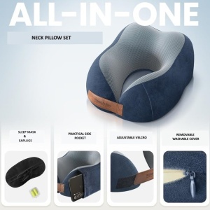 Set premium perna calatorie, Wilford & Sons, spuma cu memorie plus dopuri de urechi si husa de protectie, bleumarin, Resigilat, Grad A - Img 4