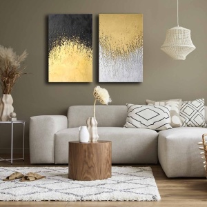 Set tablou decorativ Re-Bloom, 2 piese, panza/lemn, alb/auriu/negru, 45 x 70 cm - Img 4