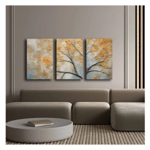 Set tablou decorativ Re-Bloom, 3 piese, lemn masiv/panza, gri/galben, 145 x 70 cm - Img 3