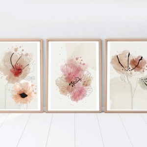 Set tablouri decorative Re-Bloom, 3 piese, model floral, lemn, multicolor, 50 x 35 cm