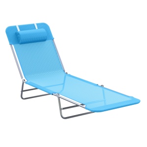Sezlong pliabil cu spatar reglabil si perna, otel/plasa, 182x56x28 cm pliat 67x57x8 cm, 6 pozitii 90-180°, capacitate 120kg, albastru/argintiu - Verificat A · Re-Bloom