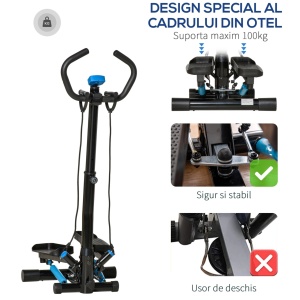 Stepper fitness Re-Bloom, otel/ABS, 55x53x118-128 cm, benzi elastice+monitor LCD, distanta pasire 12-30 cm, 120 kg, negru/albastru - Verificat A · Re-Bloom - Img 6